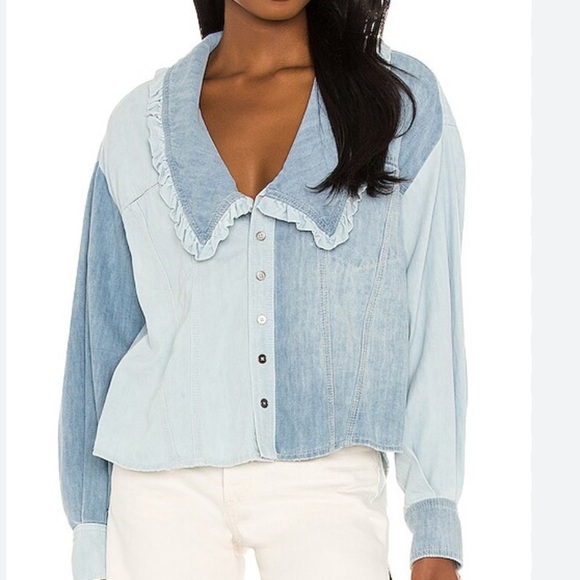 Free People Daisy Baby Button Down Top in Blue Combo - Picture 2 of 8